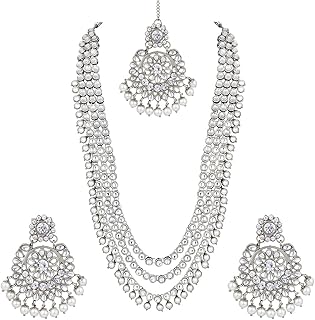 Indian Ethnic Wedding Faux Kundan Beaded Bridal Long Necklace Earrings with Maang Tikka Traditional Jewellery Set Gift for Women