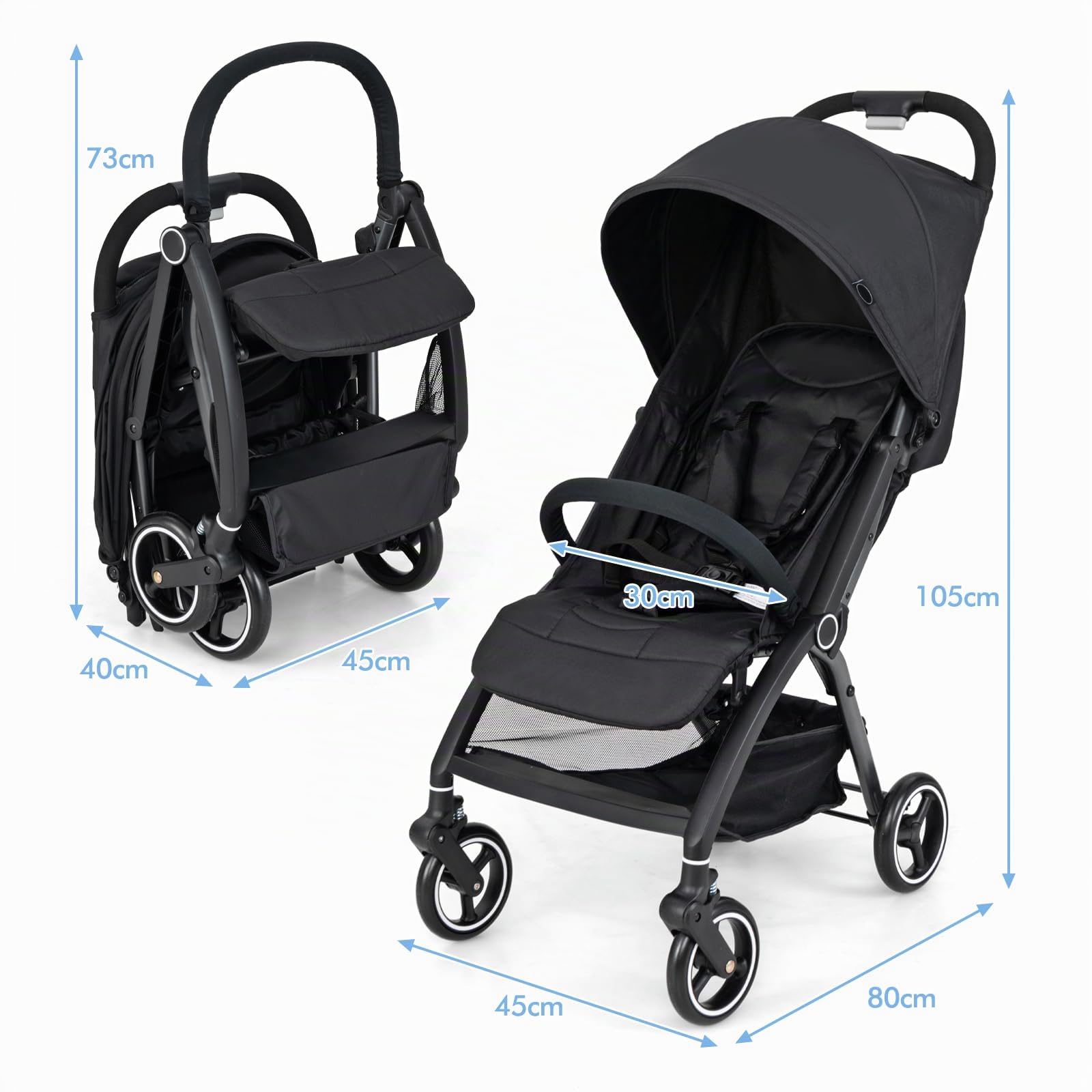 LIFEZEAL Cochecito de Bebé Plegable, Silla de Paseo Ligera con Respaldo Reclinable 150°-180°, Cochecito de Bastón con Toldo Ajustable, Arnés de Seguridad de 5 Puntos, Capacidad para 15 Kg (Negro)