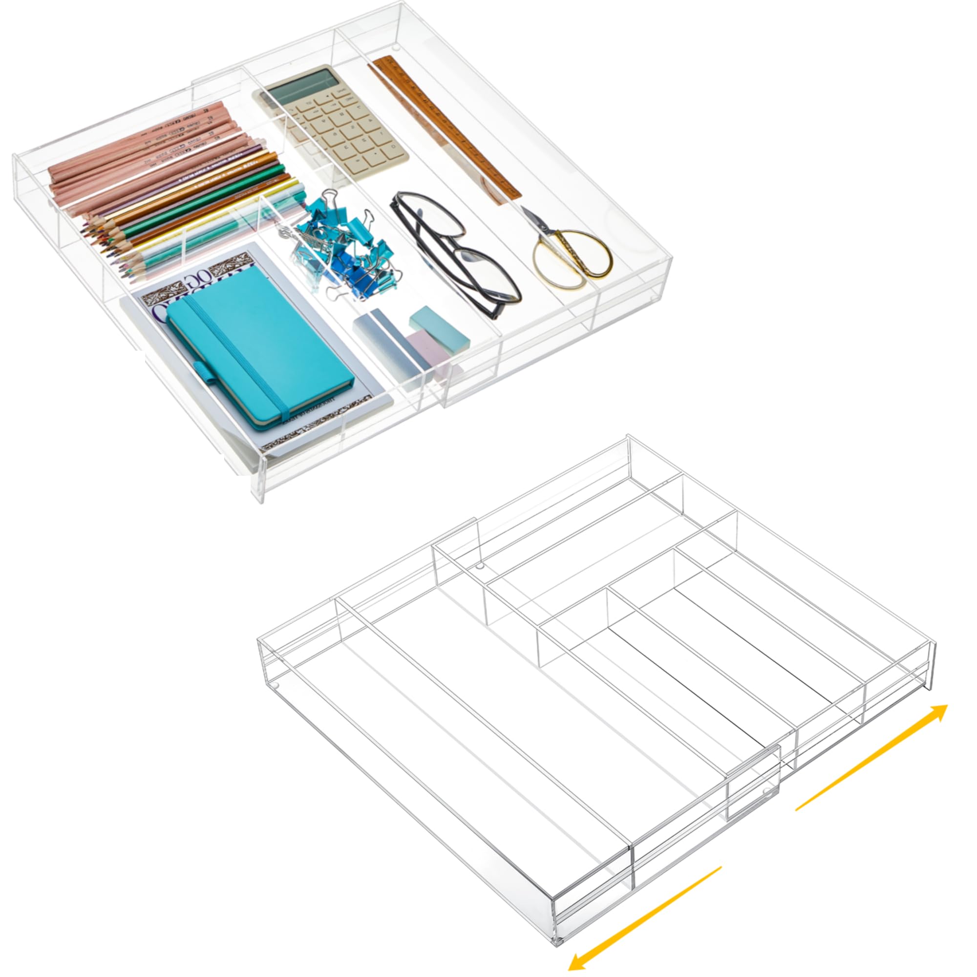 Briwooody 2 organizer per cassetti in acrilico, da 22,7 cm fino a 45,7 x 38,1 x 5,1 cm, espandibile, per penne, quaderni, righelli, trucchi, con 7 scomparti regolabili, per scrivania, ufficio, cucina