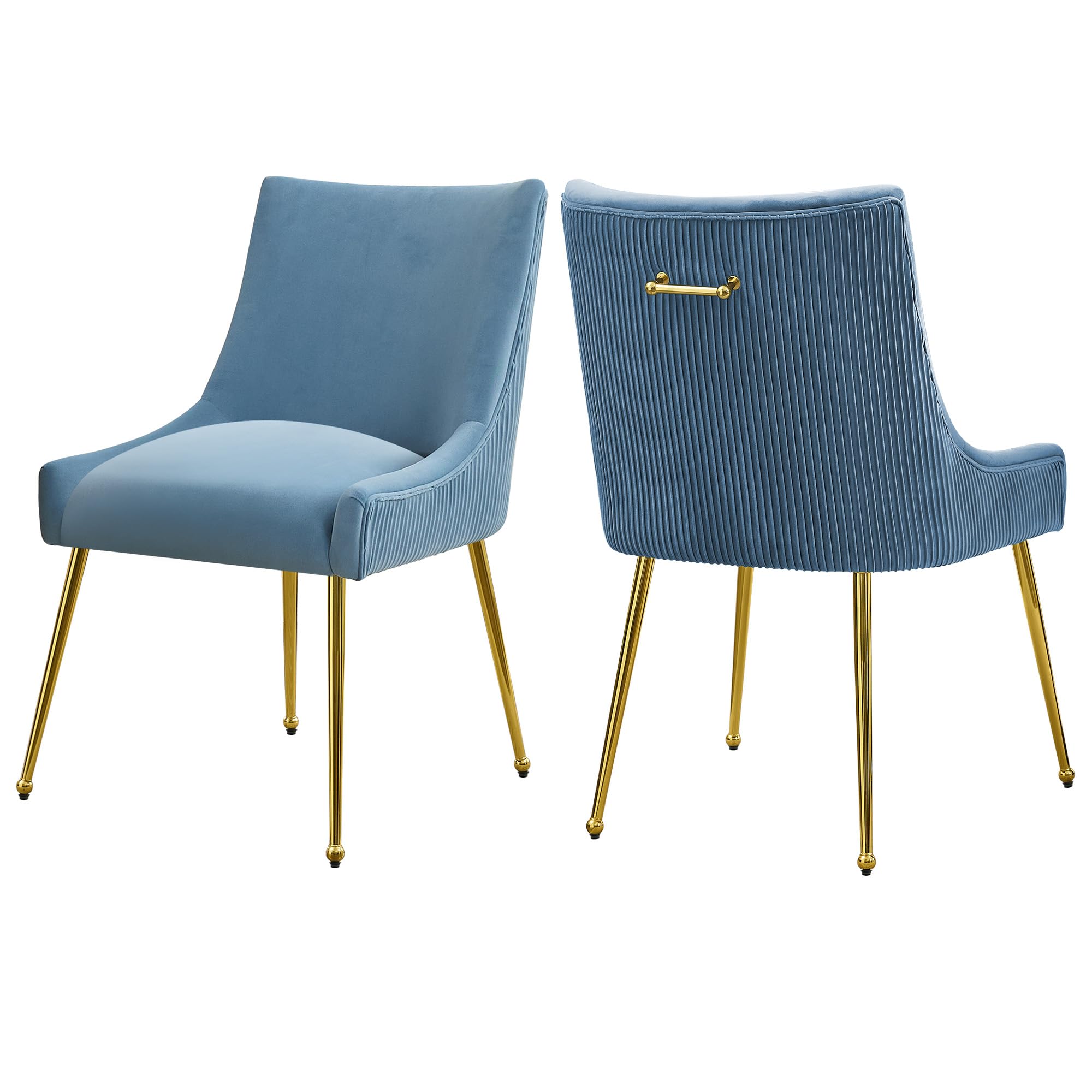 Velvet Dining Chairs Set of 2 Gold Legs,Upholstered Velvet Accent Chairs, Pleated Back Design & Gold Pull Handle, Mid Century Modern Chairs for Dining/Kitchen/Living Room,Light Blue