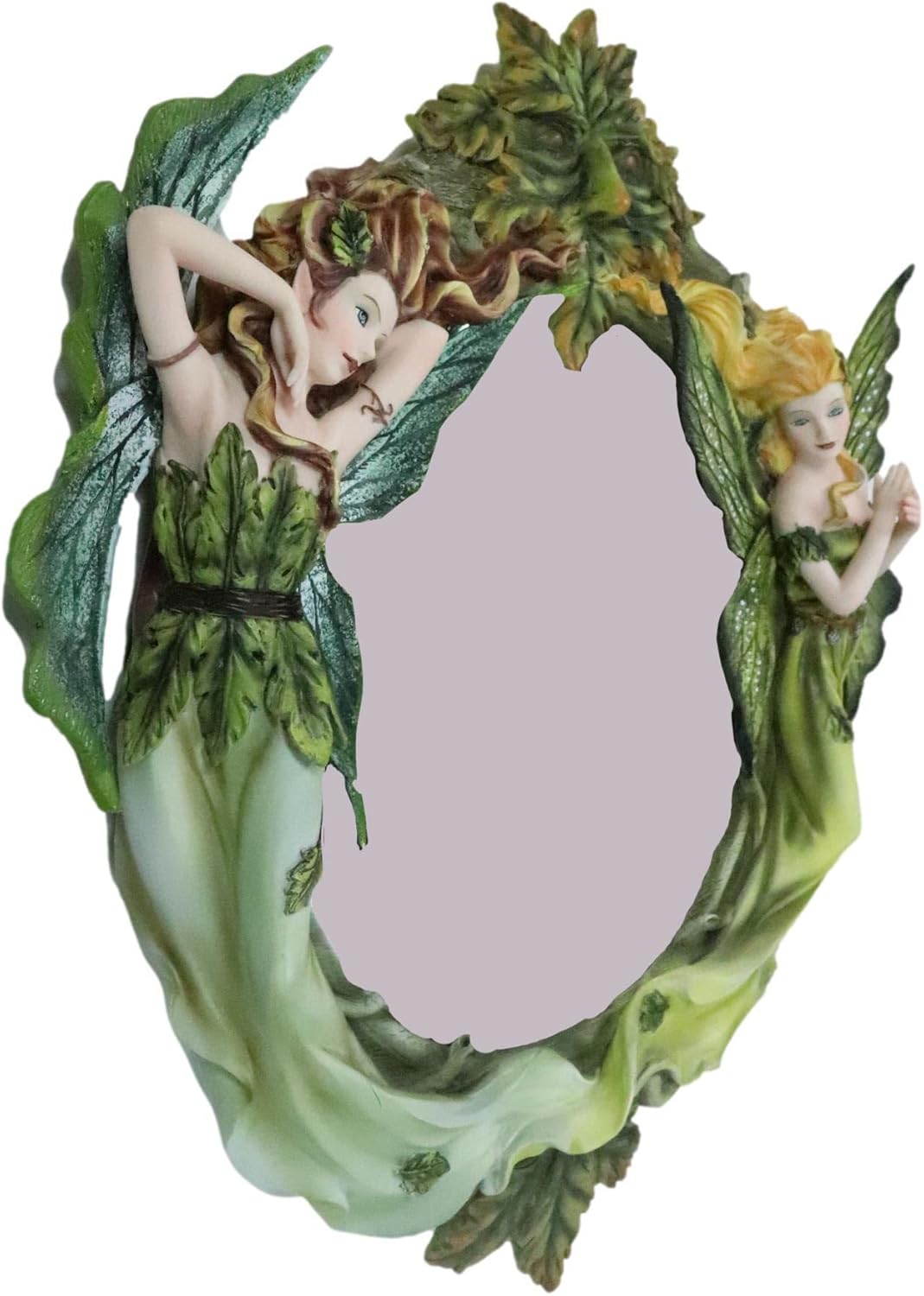 Ebros Gift Wild Blonde and Brunette Fairy in Enchanted Forest with Greenman Wisteria Ent Wall Mirror Sculpture in Pastel Colors 14.25" Tall Boudoir Vanity Accessory Hanging Mirrors