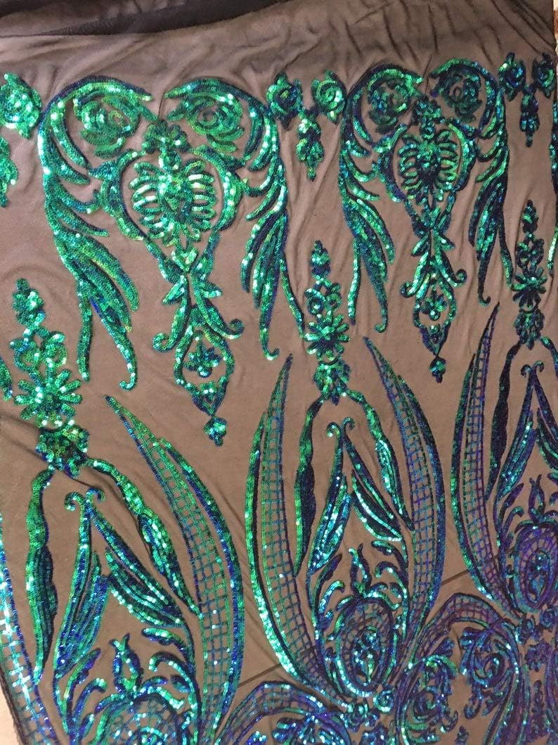 Egyptian Scarab Pincers Design Black/Green Sequins 4 Way Stretch Wedding Prom Fabric Dresses Sold by The Yard