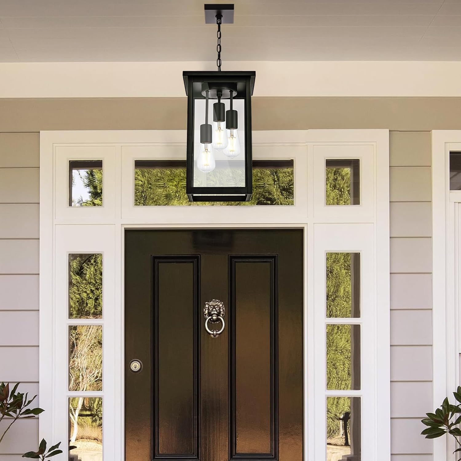 17'' Large Outdoor Pendant Light, 3-Lights Matte Black Exterior Hanging Lantern with Clear Glass, Outdoor Chandelier Ceiling Light Fixture for Porch, Patio, Gazebo, Entryway