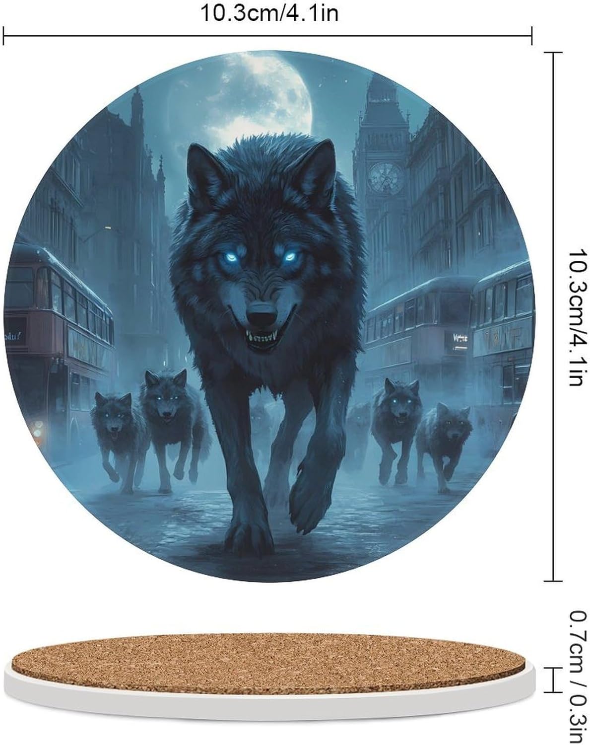 Wolves London Street Round Ceramic Coasters for Drinks Absorbent Cup Holder Tabletop Protector with Cork Base