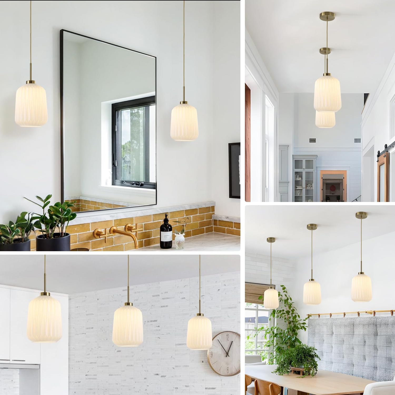 Modern White and Gold Pendant Lights Kitchen Island Mid Century Single Milk Glass Pendant Light Fixture Adjustable Vintage Brushed Brass Ceramic Hanging Light for Dining Room Bedroom