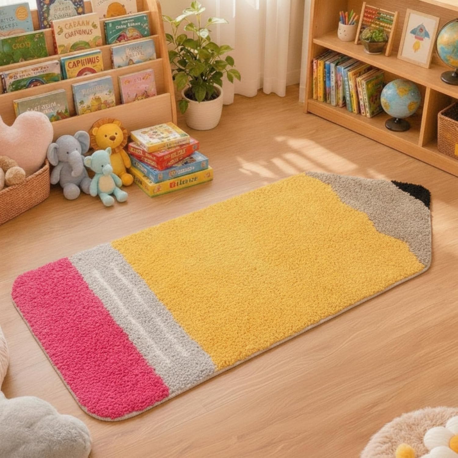 Tinideya 2.95 x 1.15 ft Pencil Reading Corner Rug Plush Non-Slip Mat for Back to Schoo Library Reading Nook Nursery Playroom Bedroom First Day of School Decor