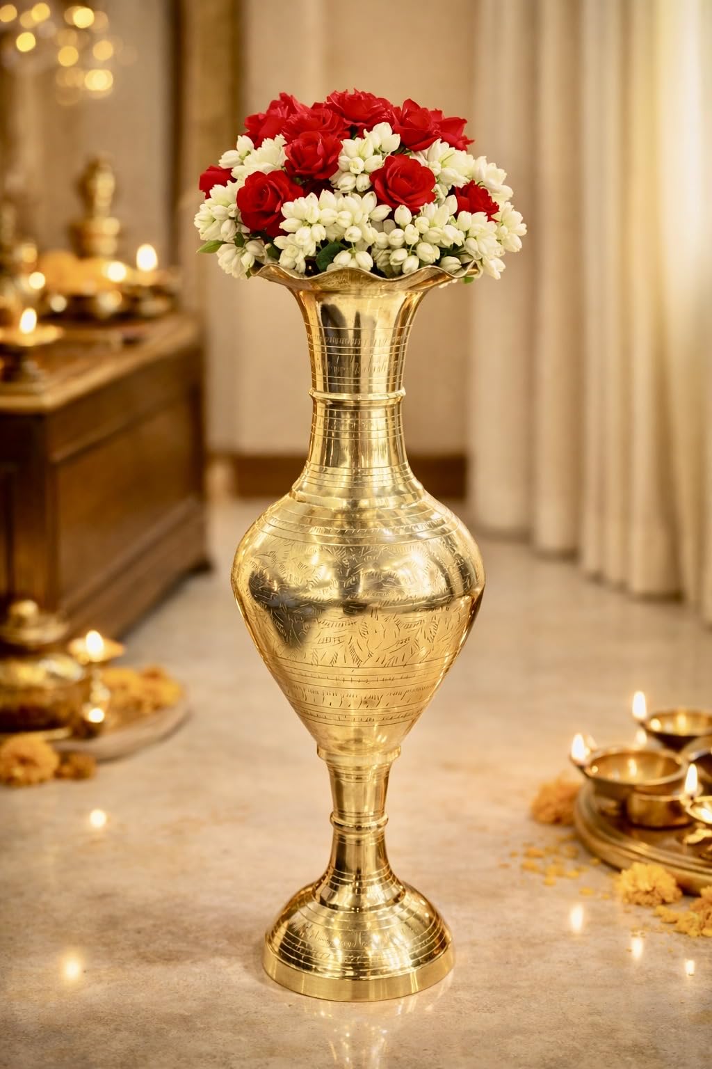 Loopysky 20 Inch Handcrafted Brass Flower Vase | Gold Meenakari Metal Urli Pot | Traditional Decorative Showpiece for Living Room, Center Table & Gifting | Antique Finish-image-16
