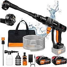Cordless Pressure Washer, 21V 60 Bar/870 PSI Portable High Pressure Water Gun with 2PCS 3.0Ah Battery, 6 IN 1 Power Washers with 16.4Ft Hose & Foam Generator for Patio and Car, Garden Cleaning
