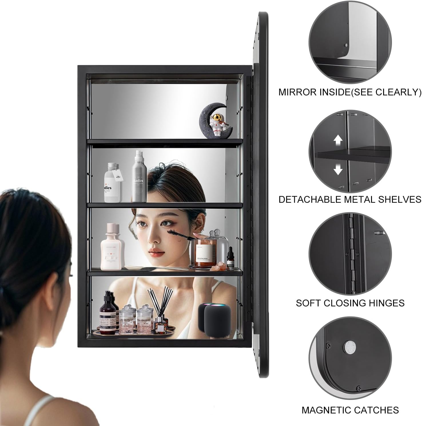 Black Bathroom Medicine Cabinet with Mirror 16 x 24 Metal Frame Recessed Or Wall Mounted Single Door Storage Medicine Cabinet with Adjustable Shelves Rounded Rectangle Beveled Mirror