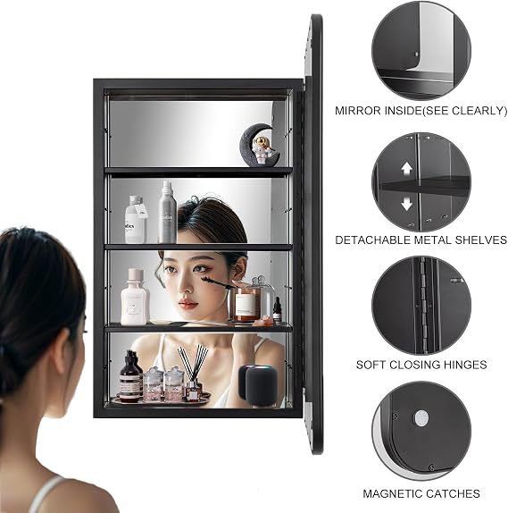 Black Bathroom Medicine Cabinet with Mirror 16 x 24 Metal Frame Recessed Or Wall Mounted Single Door Storage Medicine Cabinets with Adjustable Shelves Rounded Corner Beveled Mirrors