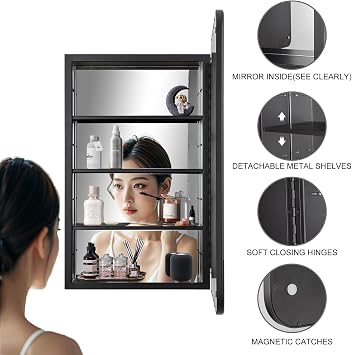 Black Bathroom Medicine Cabinet with Mirror 16 x 24 Metal Frame Recessed Or Wall Mounted Single Door Storage Medicine Cabinets with Adjustable Shelves Rounded Corner Beveled Mirrors