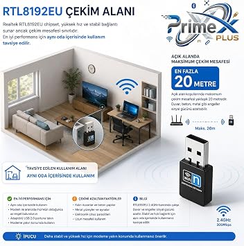 PrimeX PX-WF3 Realtek RTL8192EU 300Mbps USB WiFi Adaptör, 2.4GHz 802.11n Wireless Dongle, USB Kablosuz Ağ Alıcı, PC Laptop Notebook Mini PC İçin WiFi Aparatı, Windows 11/10 ve Linux Tak Çalıştır