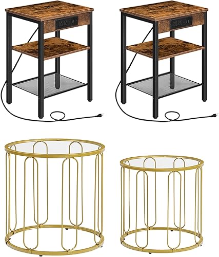 HOOBRO Juego de 2 mesas auxiliares con estación de carga y mesa de centro pequeña, juego de 2 unidades, BF112BZP201-GD113BZ01