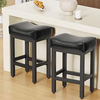 Raynesys 24 Inch Counter Height Bar Stools Set of 2 - All Black Bonded Leather Saddle Seats, 400lb Metal Base, Easy Assembly