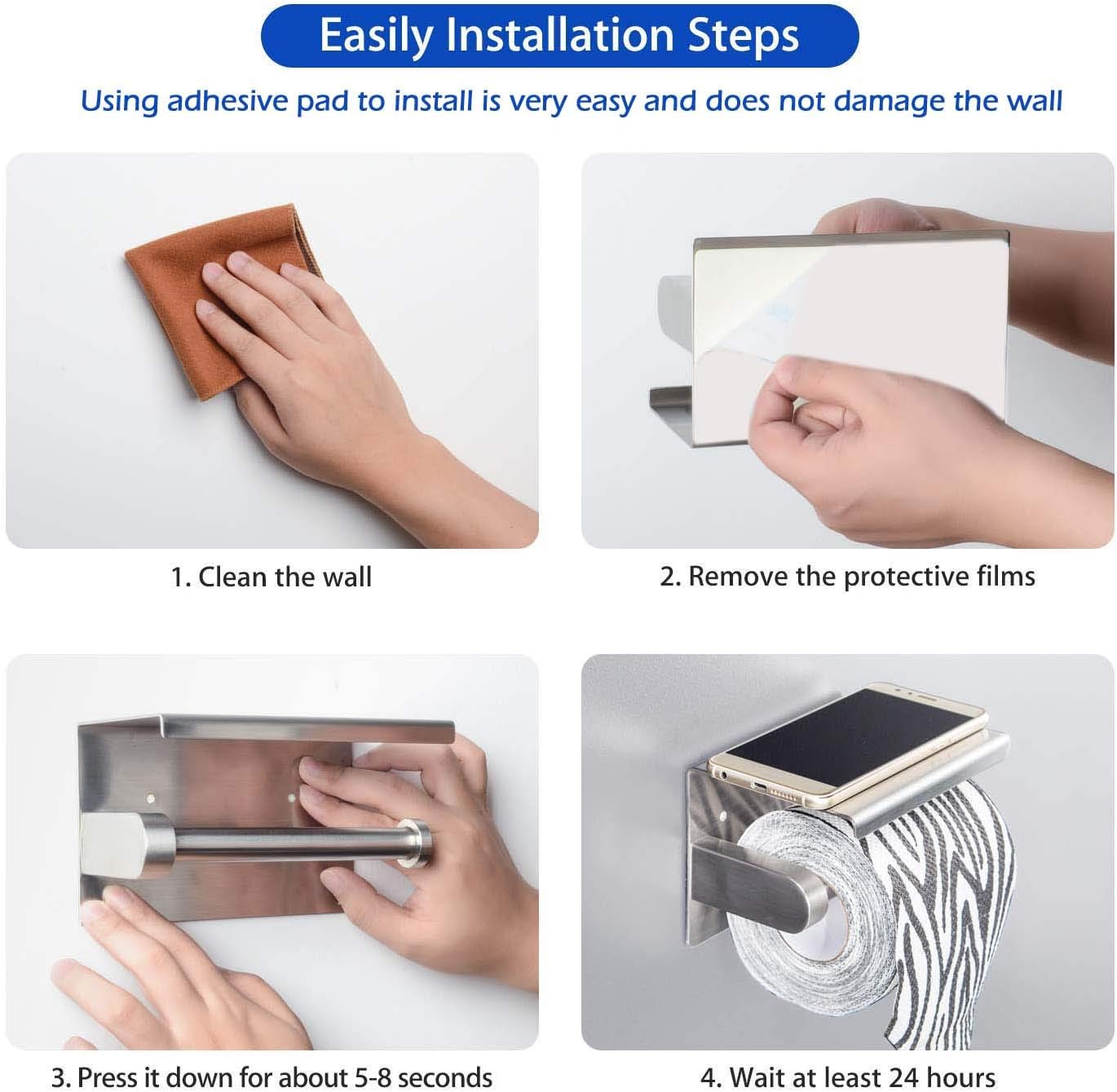 Toilet Paper Holder with Phone Shelf, Fit Mega Rolls, Tissue Roll Dispenser with Storage Shelf, SUS304 Stainless Steel, 3M Adhesive No Drill or Wall-Mounted with Screws - Brushed Nickel