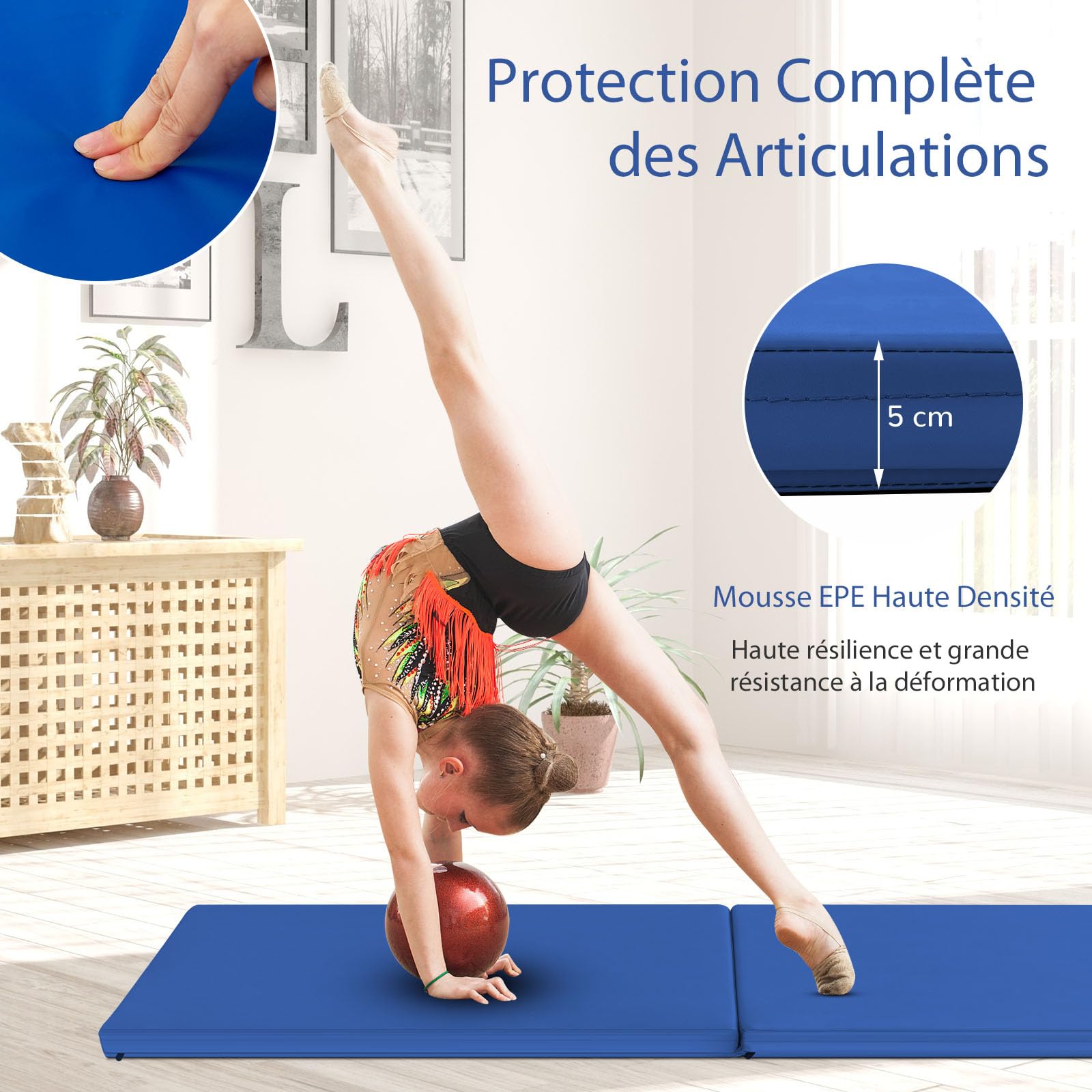 GOPLUS Tapis de Gymnastique Pliable, 5cm d"Épaisseur, 2 Plis & Poignée Transport, Matelas Gymnastique en Cuir PU avec Fermeture Auto-agrippante Magique,180 x 60 x 5cm