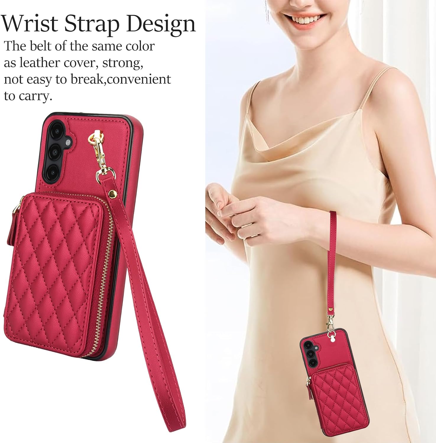 Phone Case for Samsung Galaxy A16 5G/4G Zipper Wallet Cell Cover with Tempered Glass Screen Protector Wrist Crossbody Strap Lanyard Stand RFID Blocking Credit Card Holder Slot A 16 Women Girls Red