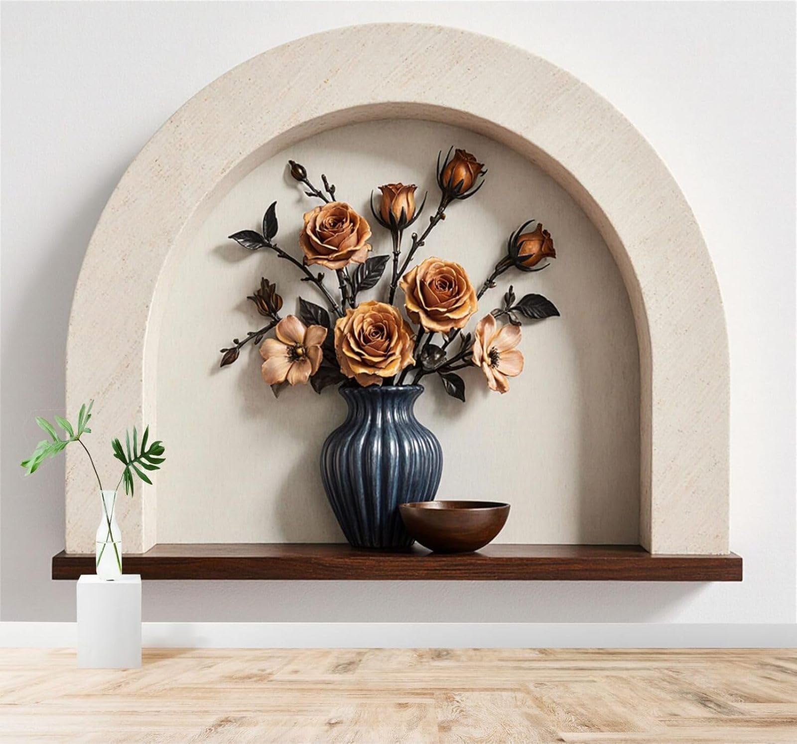 XLMING Elegance Bouquet of Roses Blue Vase Arched Niche Wooden Shelf 3D Wallpaper Silky Texture Home Study Office Grey Dining Room Sofa Bedroom Living Room TV Backdrop-200cm×140cm