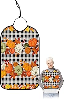 Orange Pumpkins Leaves Adult Bib for Eating with Crumb Catcher,Washable & Waterproof Terry Cloth Adjustable Elderly Women Men Bibs Funny Clothing Protector Thanksgiving Fall Black White Plaid Check