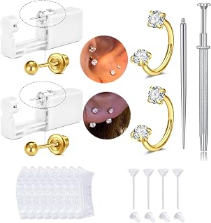 QWALIT Gold Earring Piercing Kit Ear Piercing Gun Disposable Ear Piercings Kit with Earrings Self Piercings Gun Kits at Home Piercer Tool Horseshoe Earring Hoop Double Gem Earrings Hoop Second Hole