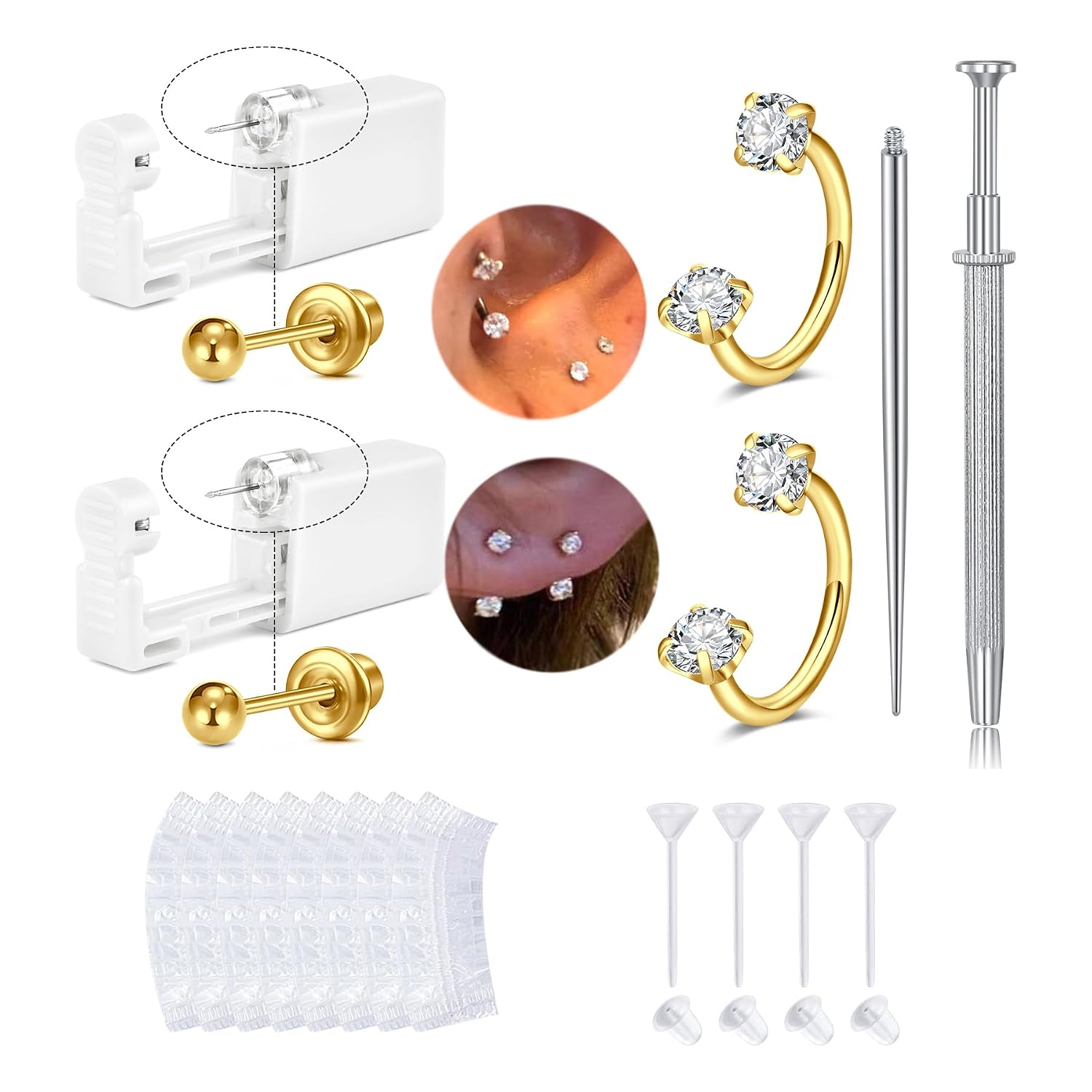 QWALIT Gold Earring Piercing Kit Ear Piercing Gun Disposable Ear Piercings Kit with Earrings Self Piercings Gun Kits at Home Piercer Tool Horseshoe Earring Hoop Double Gem Earrings Hoop Second Hole