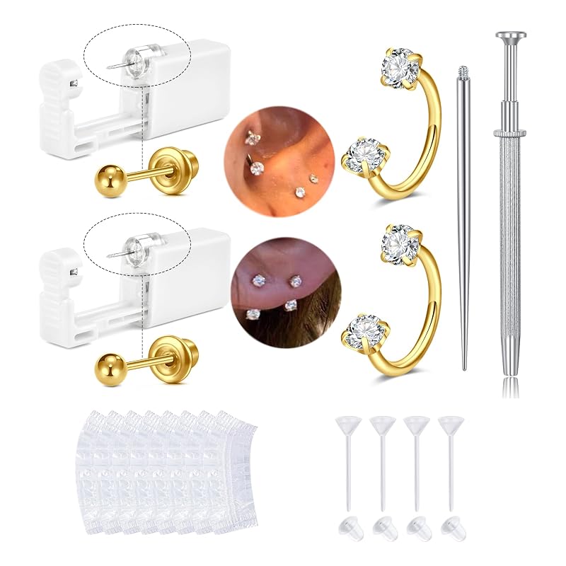 Kit QWALIT para Piercing de Orelha com Brincos Dourados, Ferramentas e Acessórios