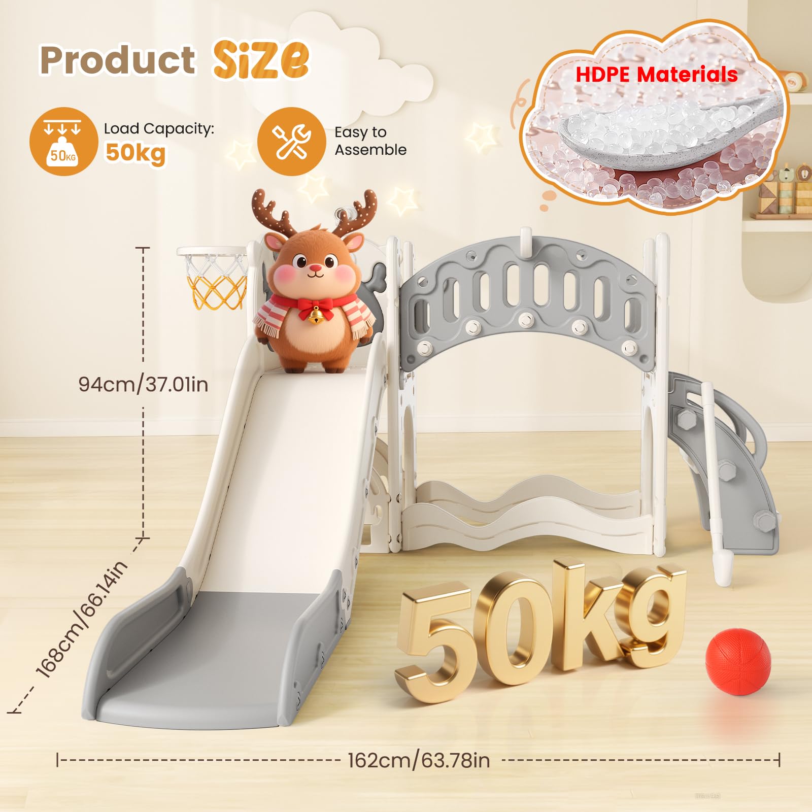 Slide per bambini ispessiti e allargati, scivolo per bambini piccoli indipendente con canestro da basket, attrezzatura per parco giochi con scivolo, scivoli all'aperto (grigio 8 in 1)