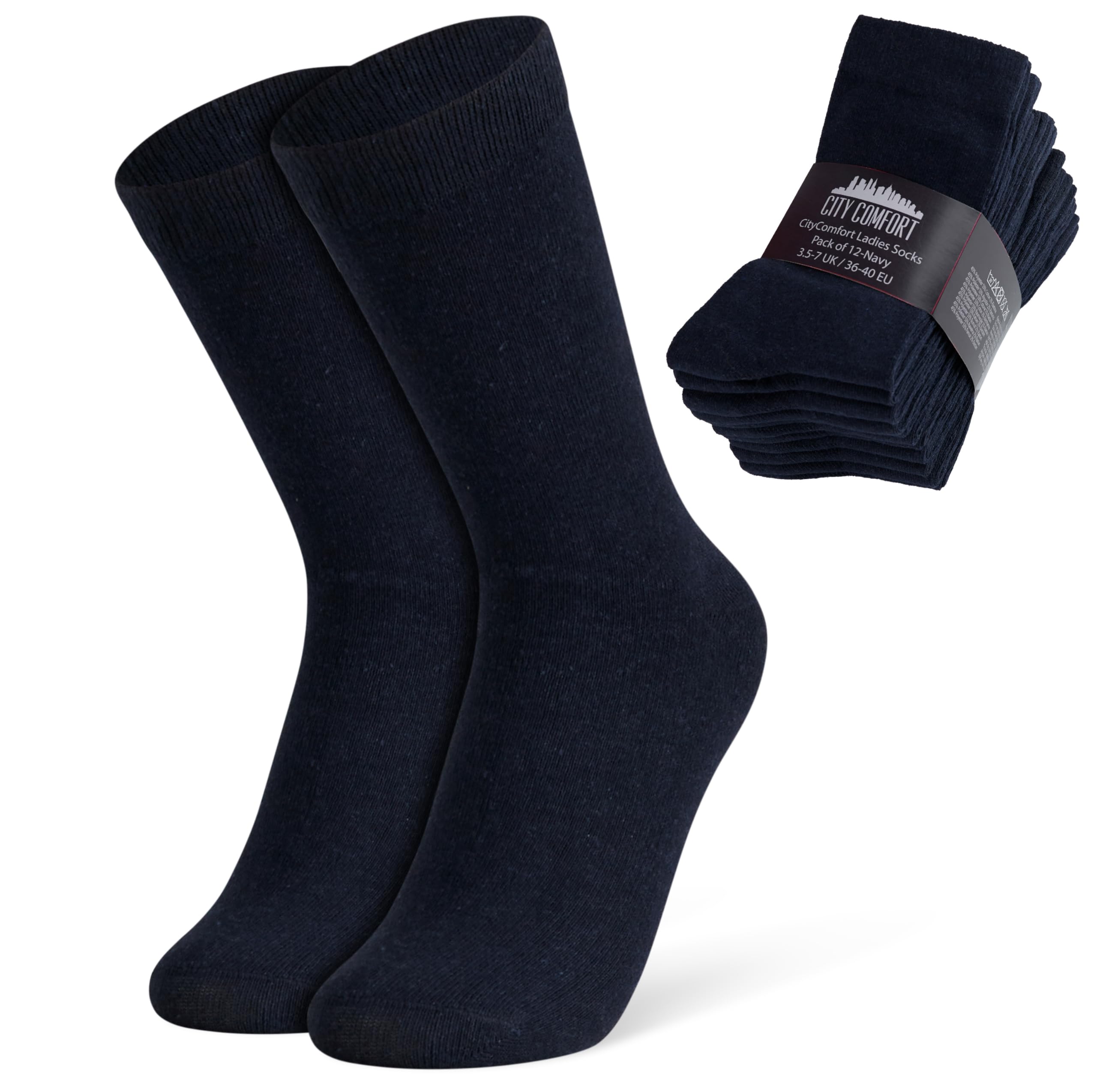 Citycomfort Women's Navy-12 Pack Socks 12 Pack Gifts For Teens Calf Length Socks Vibrant Colourful Breathable Sports Casual Work (Navy-12 Pack)