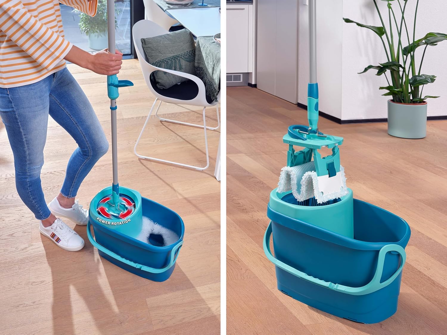 Leifheit Set Leifheit Mopa Clean Twist M Ergo 2.0, mopa fregona con cubo con 1x funda de microfibra para todo tipo de suelo y 1x funda para polvo, sistema plano con mecanismo de centrifugado