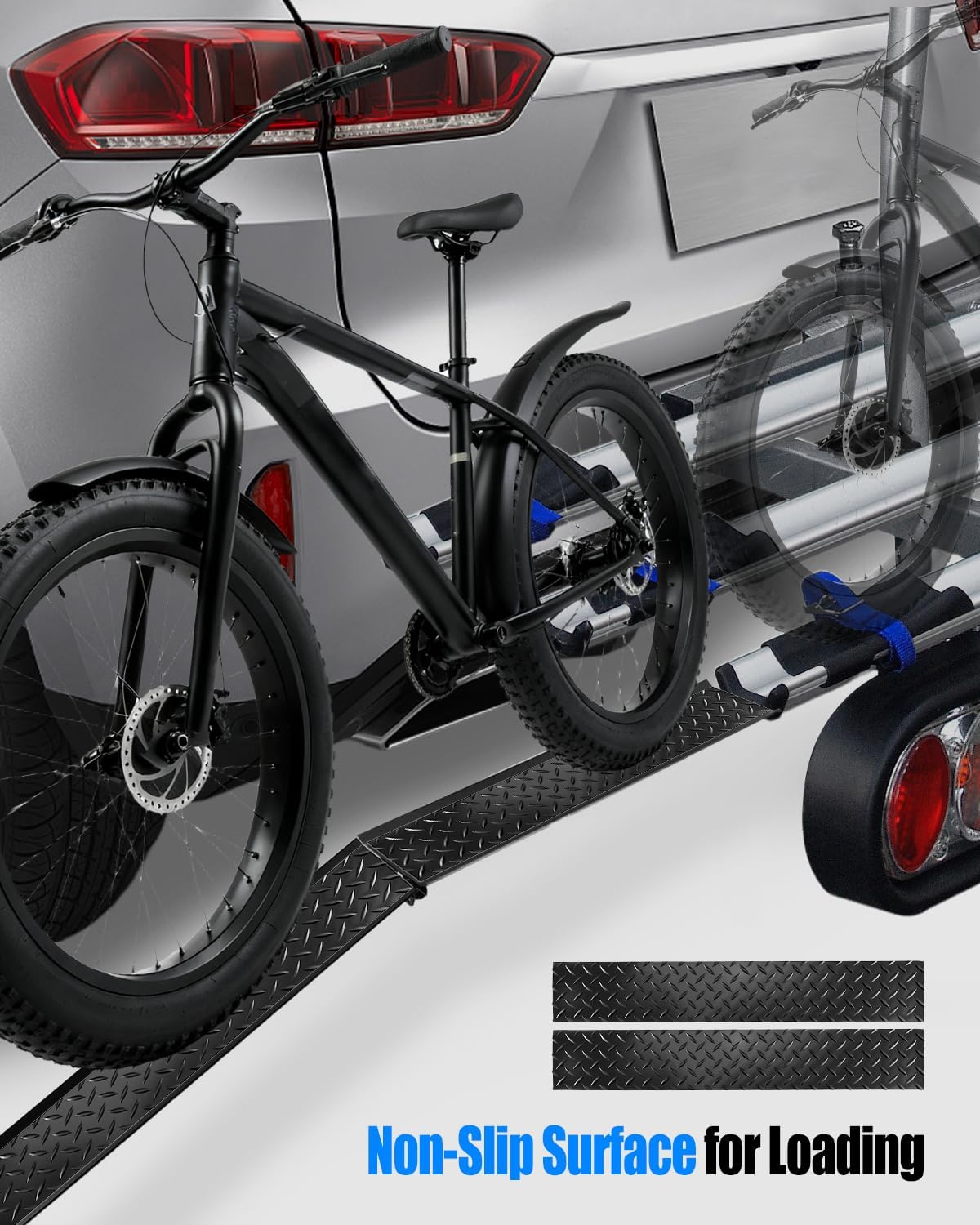 Heavy Duty Bike Rack Loading Ramp Compatible with Various Car-Mounted Bike, Foldable E-Bike Ramp Suitable for Mountain Bikes, Road Bikes and Mopeds