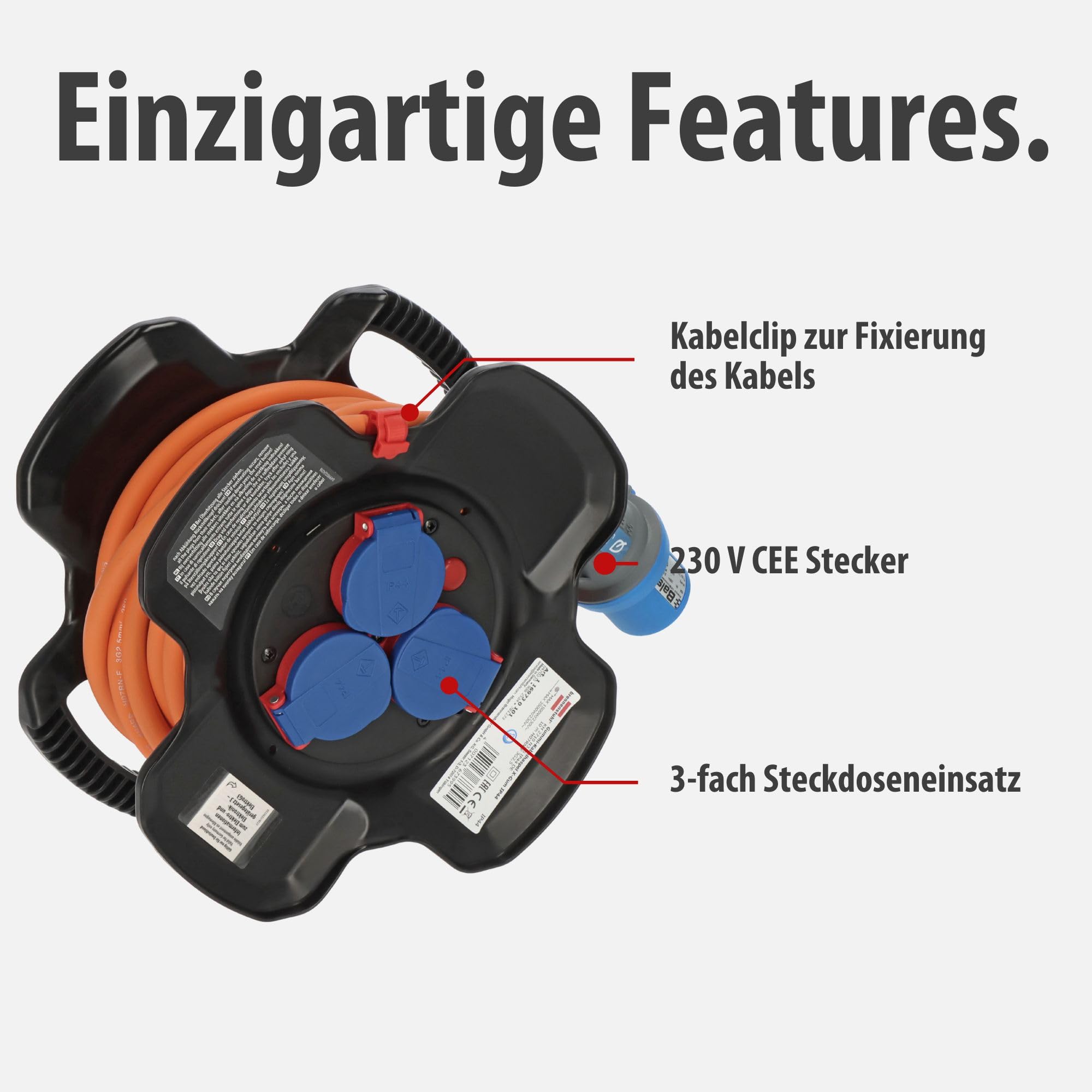 Brennenstuhl CEE 230V Camping Kabeltrommel X-Gum (10m H07RN-F 3G2,5 Kabel in orange, Kabeltrommel mit 2 CEE- und 3 Schutzkontakt-Steckdosen, ständiger Einsatz außen IP44, Made in Germany)