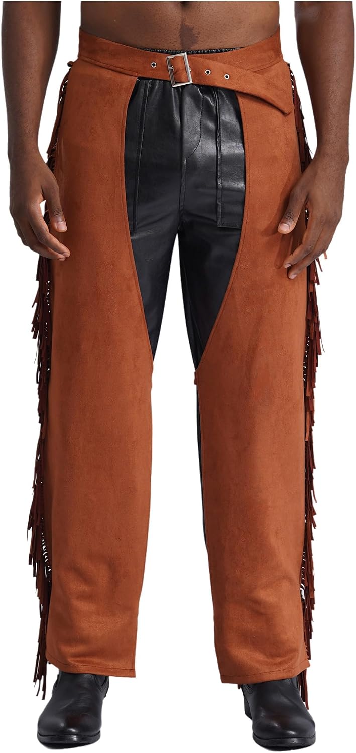 Agoky Mens Suede Fringe Western Cowboy Chaps Protective Chaps Waist Adjustable Buckle Leggings