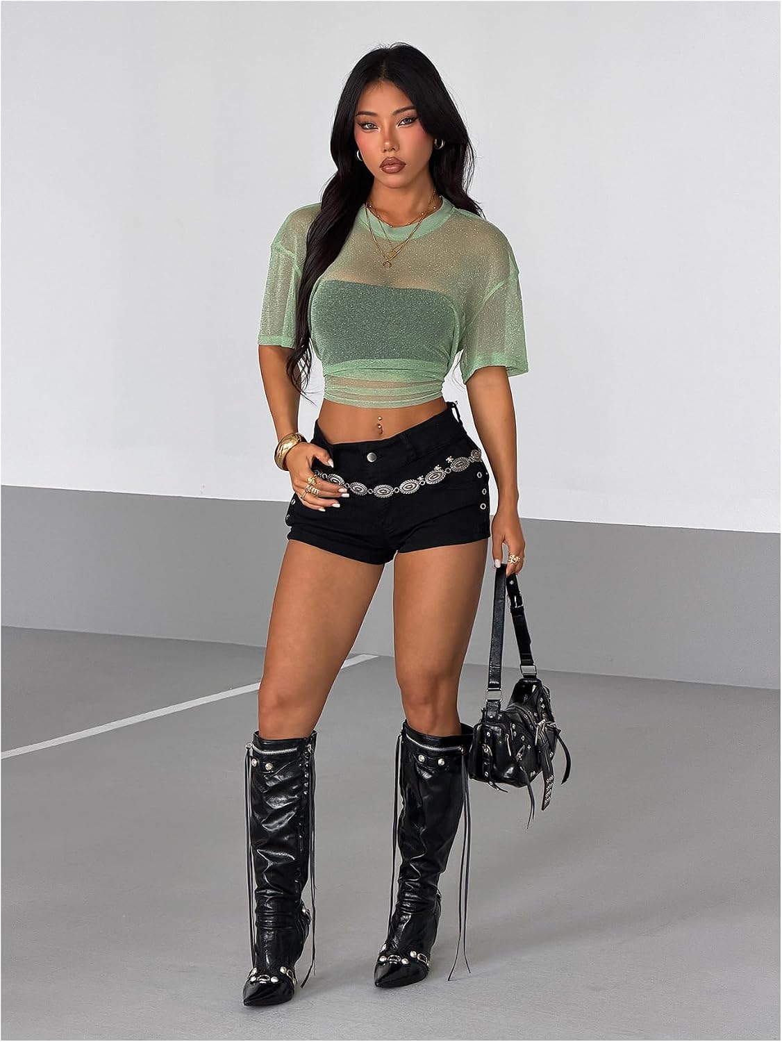 OYOANGLE Women's Sparkly Glitter Rave Concert Outfits Going Out Top Short Sleeve See Through Blouse Mesh Shirt