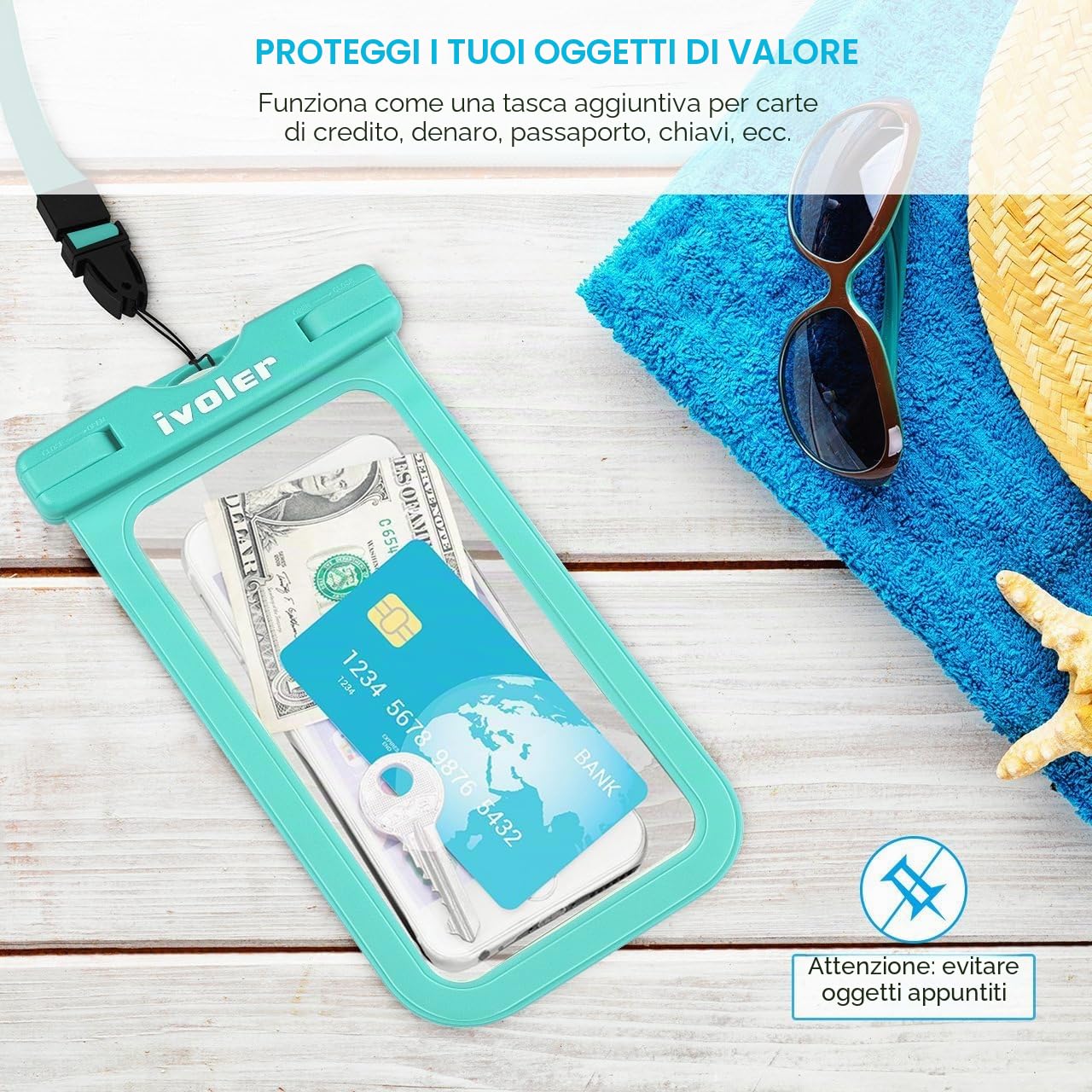 iVoler Kit Impermeabile con Borsa Marsupio e Custodia Smartphone IPX8 per Sport Acquatici Pesca Vela Sci Mare Escursione, Protezione per Cellulare Portafoglio Documenti - Verde Menta