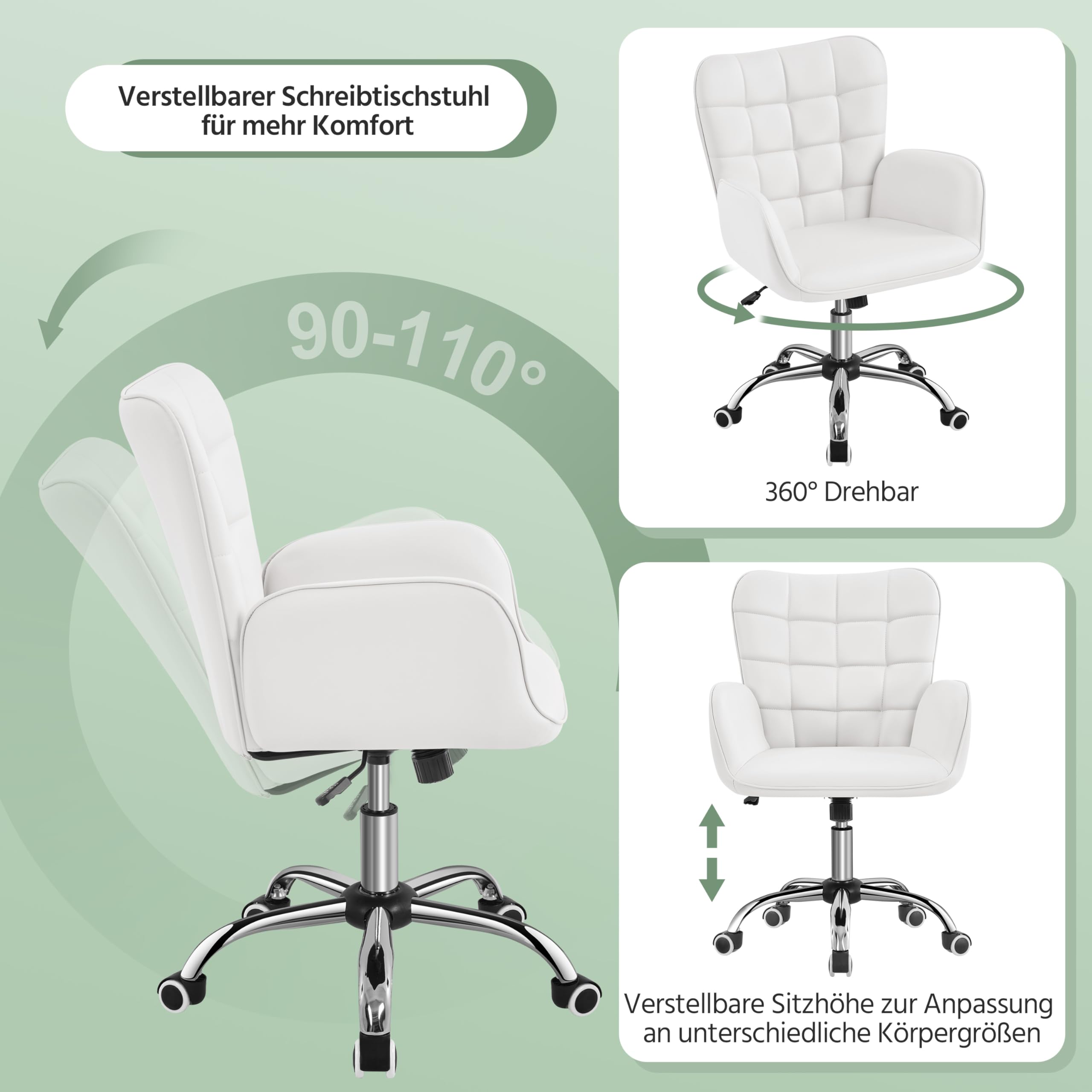 Yaheetech Bürostuhl Ergonomischer Schreibtischstuhl Bürohocker Arbeitsstuhl Drehstuhl höhenverstellbar Polsterstuhl Computerstuhl mit Armlehne und Rollen bis 136 KG belastbar Weiß