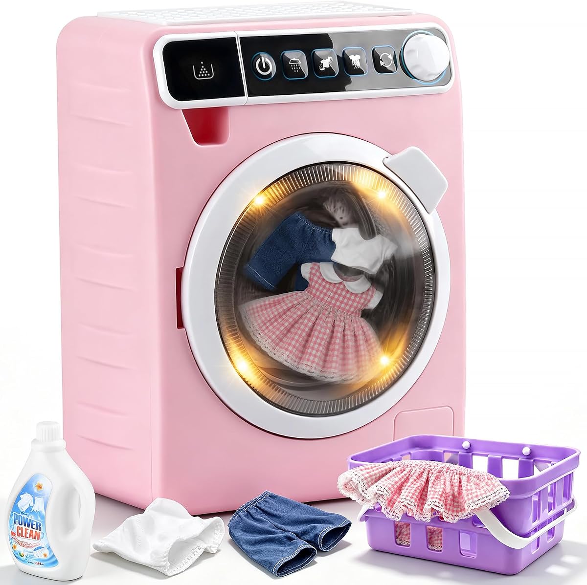 Lavadora de juguetes para niños, aparato de juego realista para niñas, muebles interactivos de casa de muñecas, juego de lavadora y secadora con tambor giratorio (rosa)