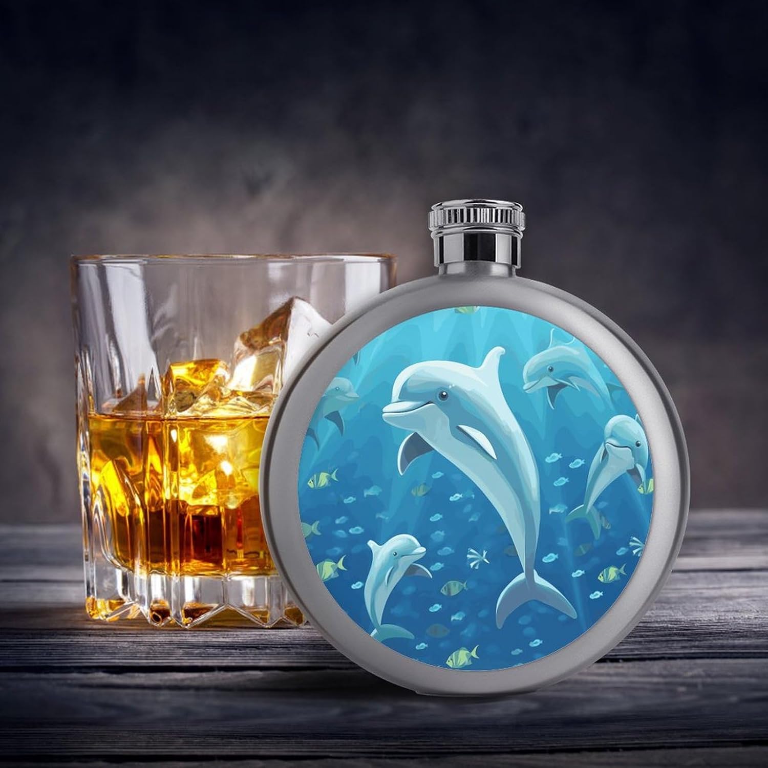 Dolphin Hip Flask 5 Oz Round Stainless Steel Mirror Polished Wine Pot Portable Pocket Wine Whiskey Flask Small Drinking Flasks Drinkware for Men Women