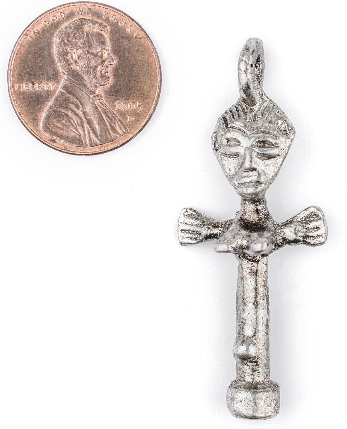 The Bead Chest Silver Ashanti Fertility Doll Pendant Ghana African White Metal Large Hole Handmade