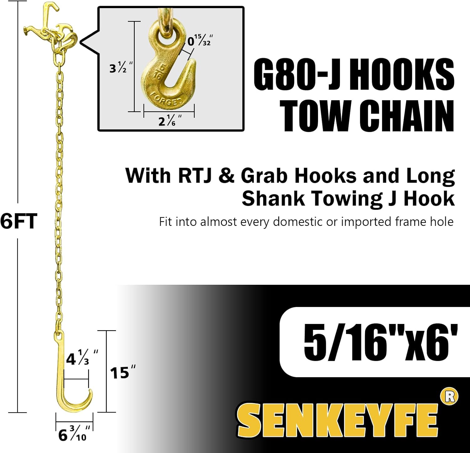 G80 j Hooks Tow Chain, 5/16" x 6' Recovery Tow Hooks Chain 15IN J Hook w/RTJ & Grab Hook, 18800LBS Tow Truck Accessories J Hooks, Bridle Tow Transport Chain, Wrecker Towing Truck Equipment