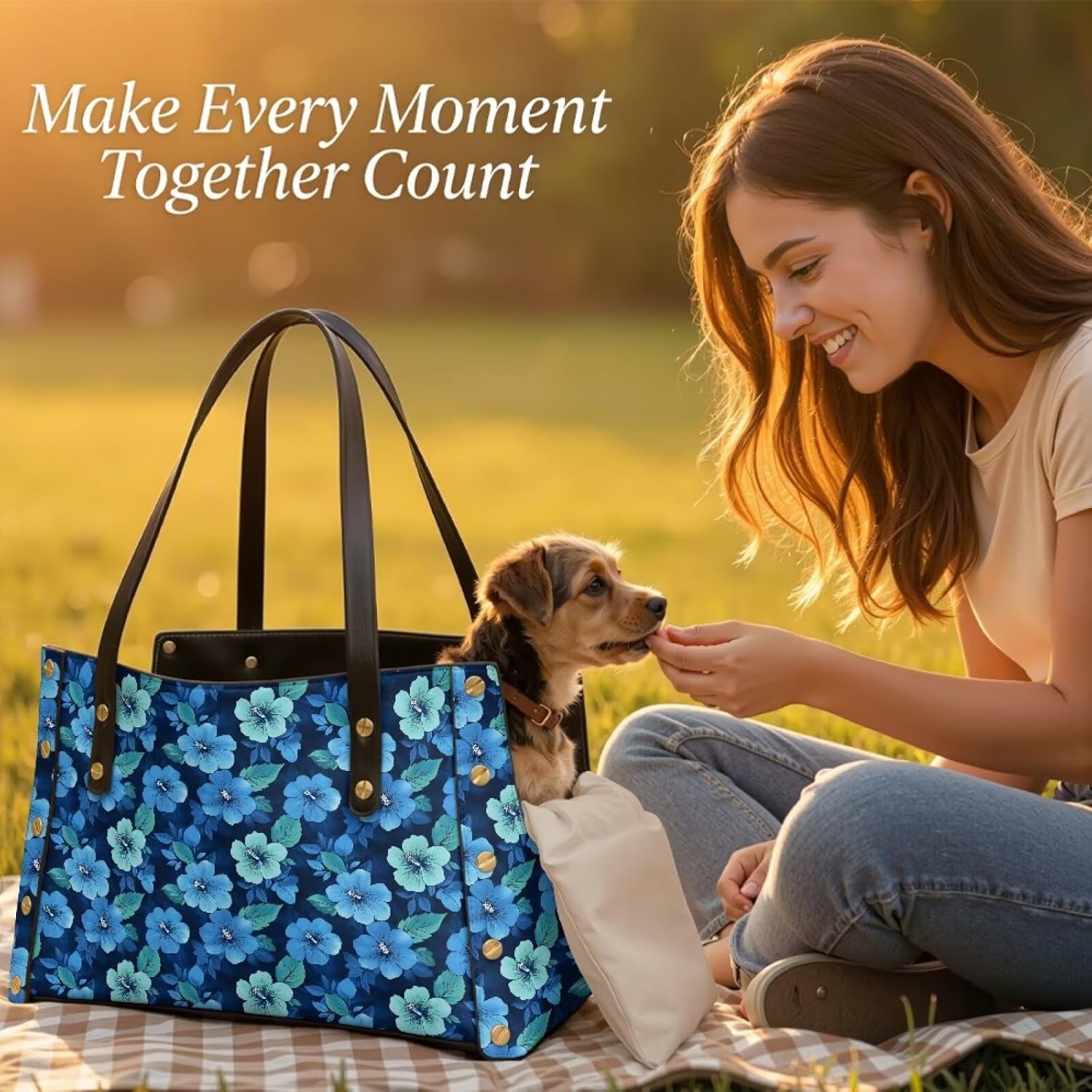 Blue Flowers Dog Purse Carrier Fashion Dog Shoulder Carrier Soft Pet Carrier for Small Dogs