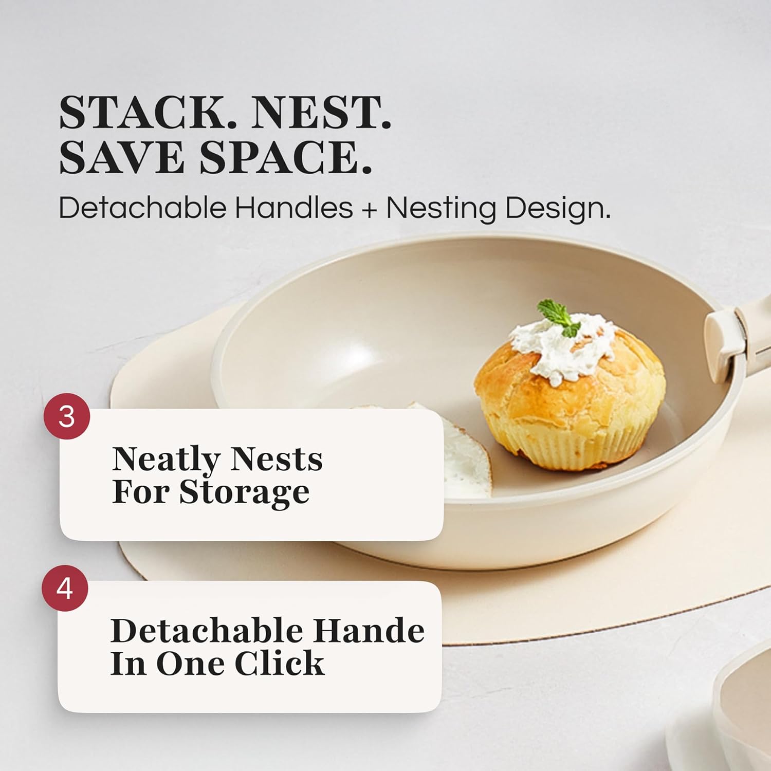 GOURMETIFIC® Pots and Pans Cookware Set [5 PIECES] - Non Toxic Ceramic Coated Cooking Ware - Induction, Gas & Oven Kitchenware - Non Stick Pot & Pan with Removable Handles & Stackable (Cream)