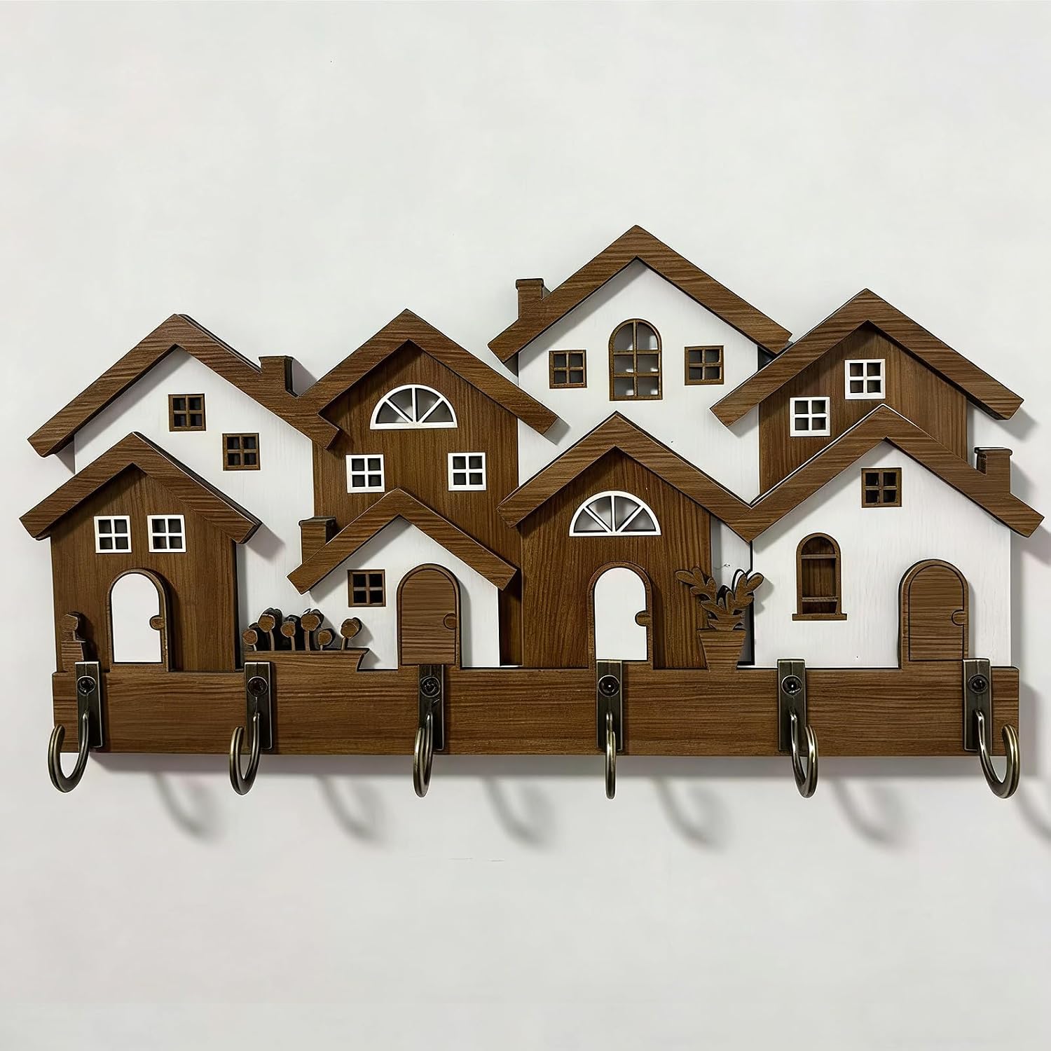 Retro Inspires Wood Holder with 3D House Shape Decorative Wooden Hanger for Keys and Small Items Space Saving Rack