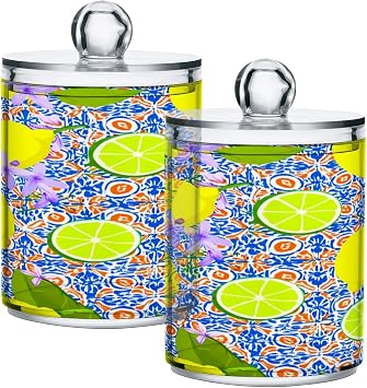 Nander 2Pack Fresh Yellow Lemon Qtip Holder Dispenser -Clear Plastic Apothecary Jars Set - Restroom Bathroom Makeup Organizers Containers for Cotton Swab, Ball, Pads, Floss