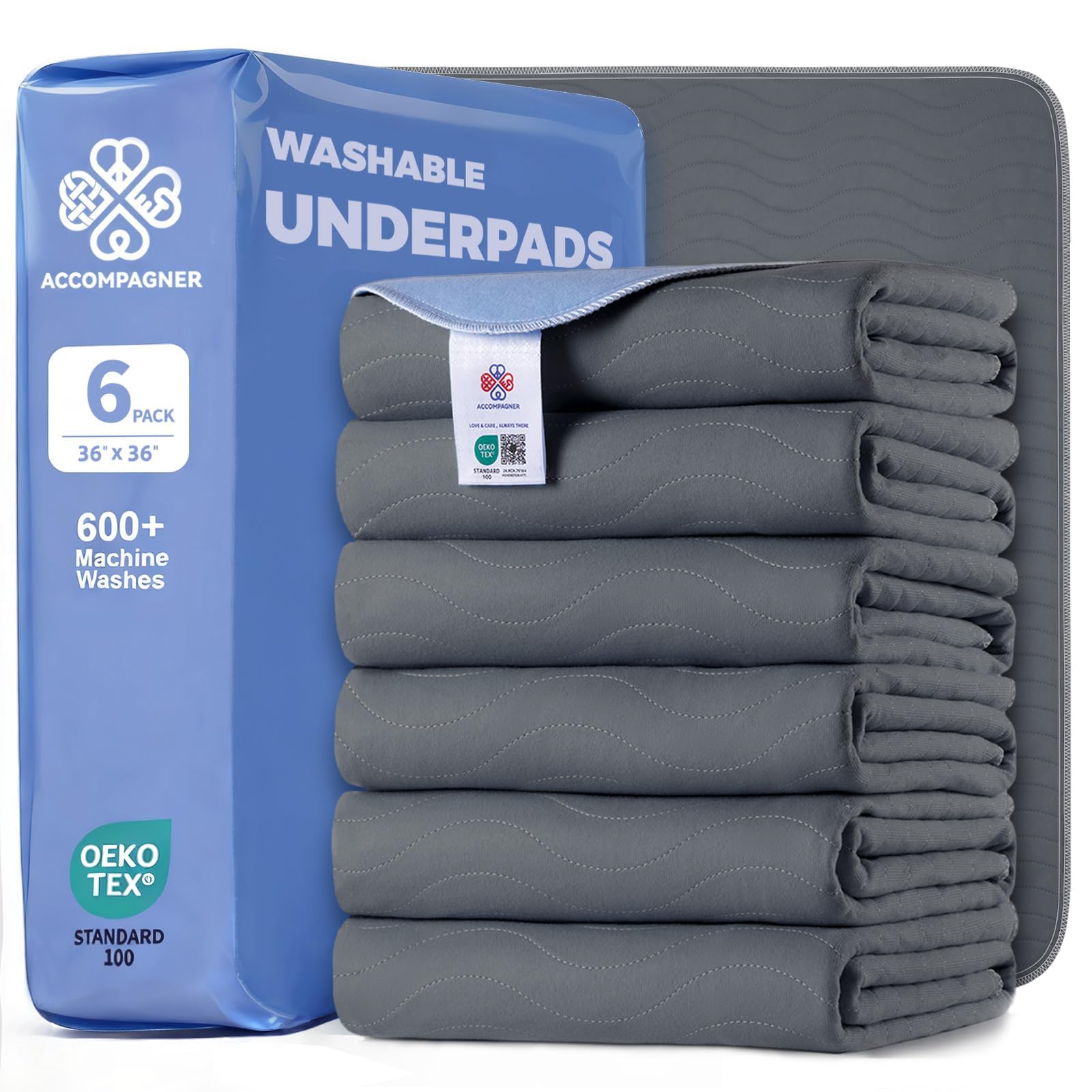 Accompagner Incontinence Bed Pads Washable Waterproof, Ultra-Absorbent Reusable Underpads for Diaper Changing, Nursing, Bedridden, Adults, Seniors, Kids and Dogs (Dark Gray, 36"x36"(Pack of 6))