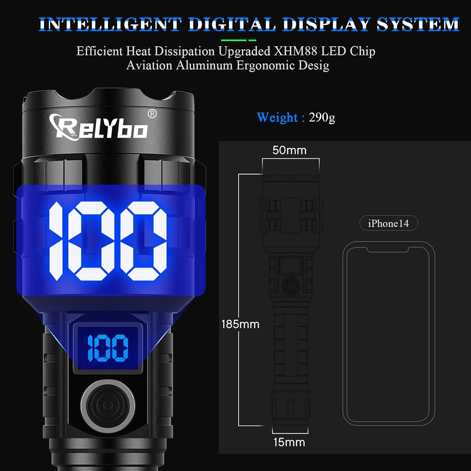 Relybo A06 LED Flashlight with digital power display
