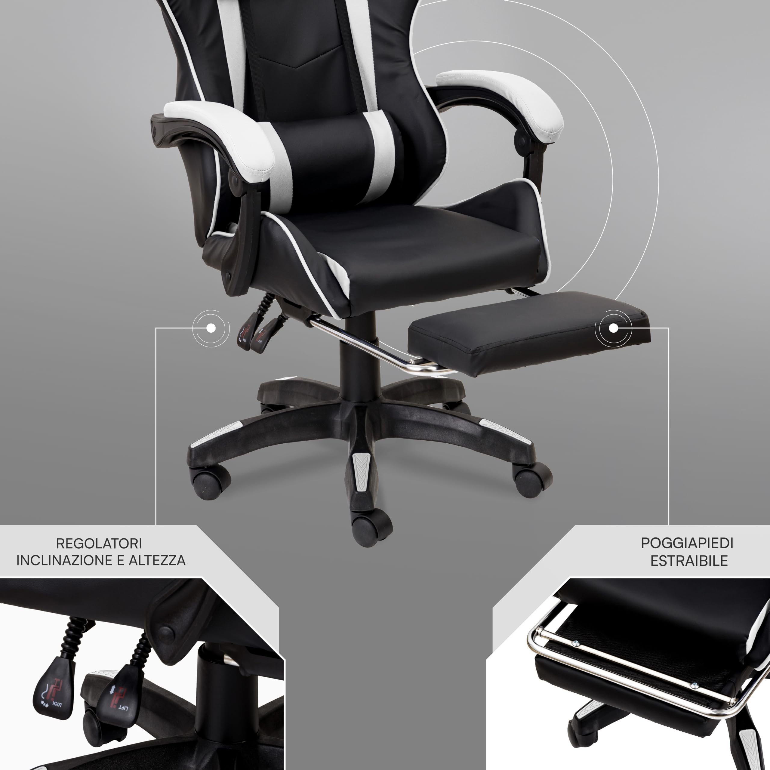 Baroni Home Sedia Gaming con Schienale Ergonomico Inclinabile e Altezza Regolabile, Sedia Ufficio con Supporto Lombare, Poggiatesta Imbottito e Poggiapiedi Estraibile, Bianco, 58x66x114-124 cm