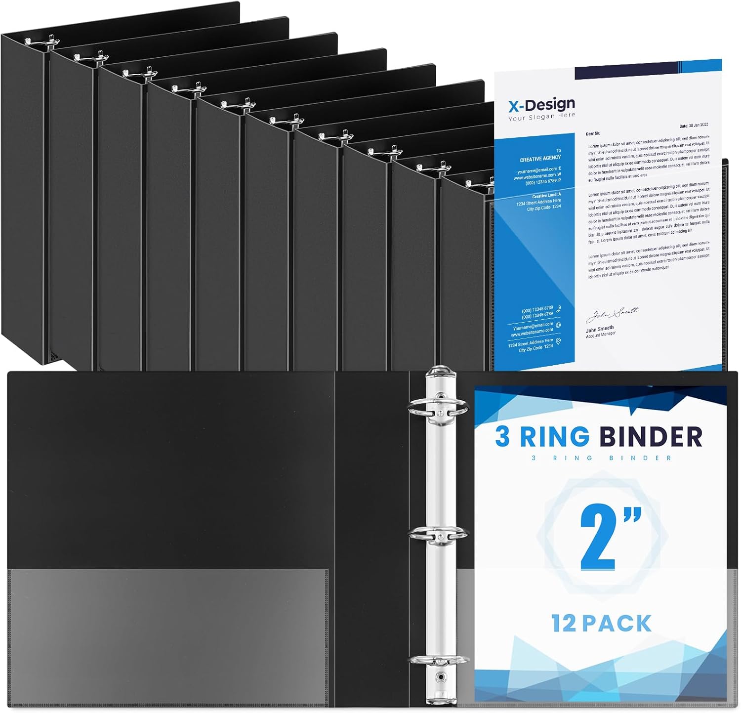 Henoyso 12 Pcs 2 Inch 3 Ring Flexible Poly Binders Bulk, Black Plastic Telescoping 3 Ring Binder with Clear Front Cover and 2 Inner Pockets, Holds 490 Sheets 8.5"x11" Paper for School Office Home