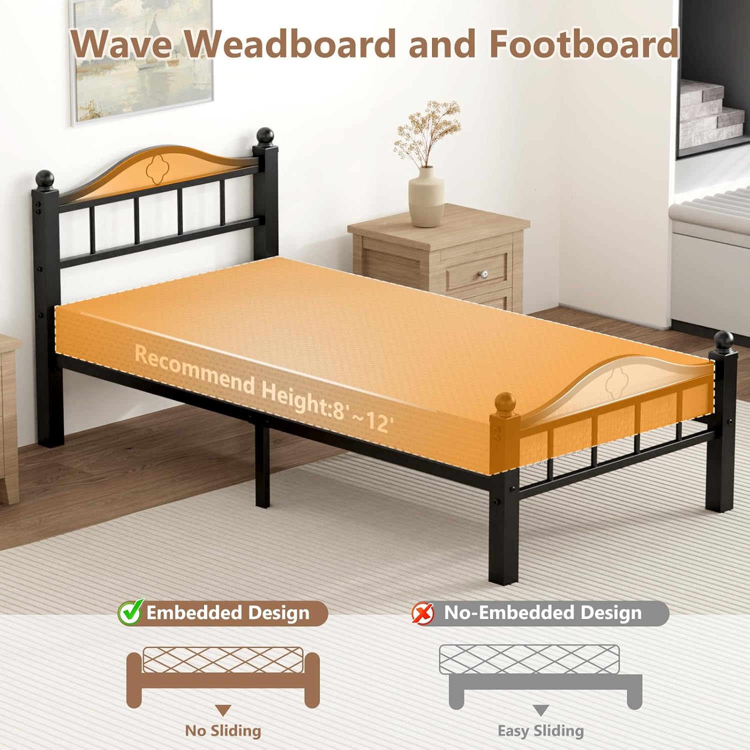 Metal Twin Bed Frames, 1500lb No Squeak Metal Platform with Headboard, 12" Underbed Storage, Tool-Free 30-Min Assembly No Box Spring Needed for Dorms/Apartments - Image 6