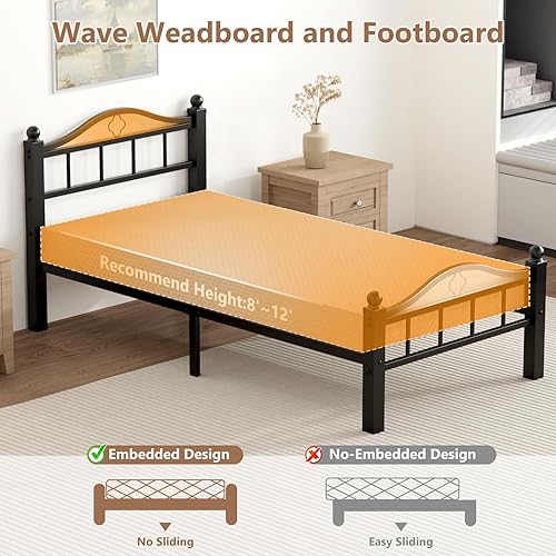 Miniatura 6 de Marcos de cama individuales de metal, sin chirridos, soporte resistente de 1500 libras y espacio libre de 12 pulgadas para almacenamiento,