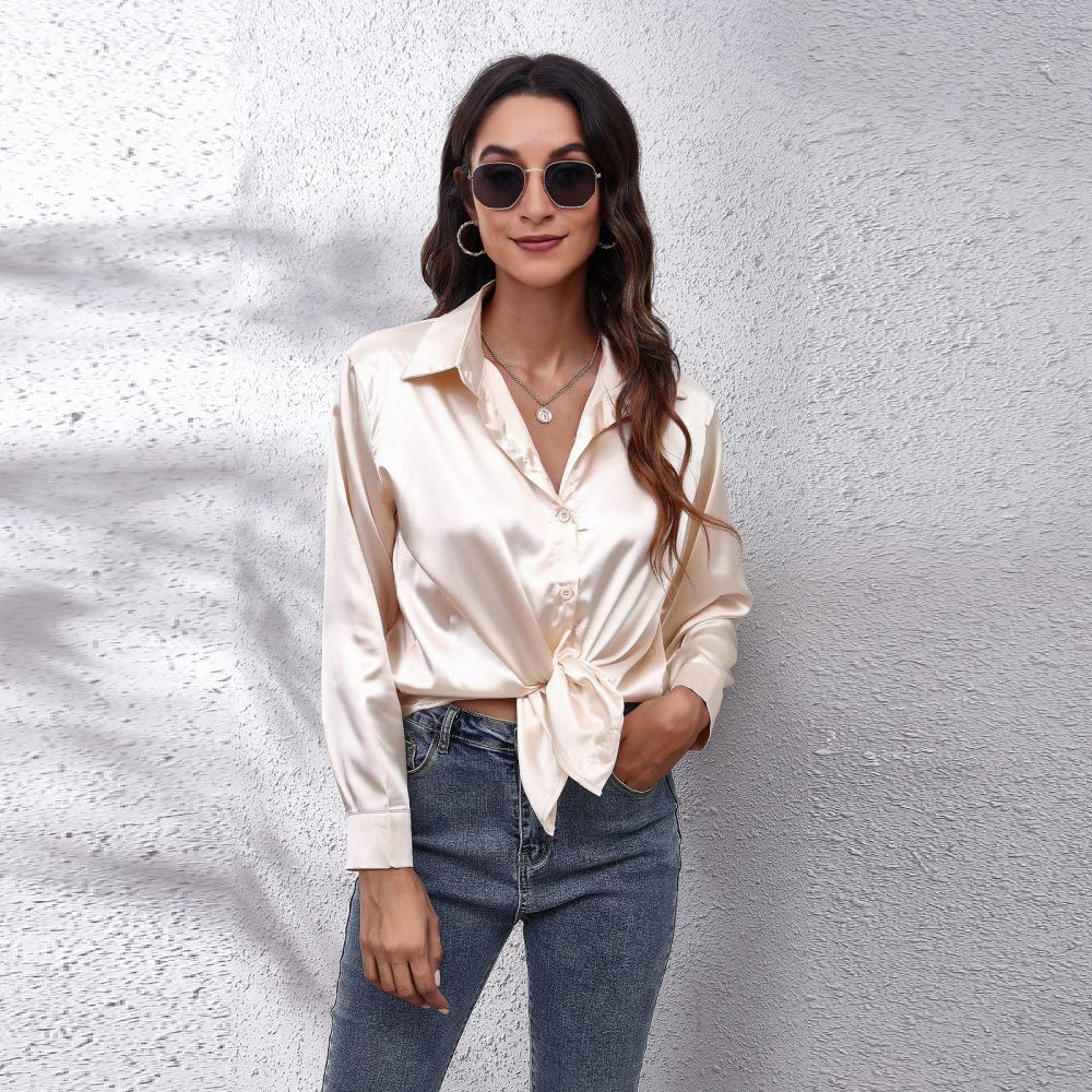 Elegantes Lässiges Langarm-Top,Damen Satin Bluse Shirt Champagner Langarm Vintage Mode Seidenhemden Business Hemd Mit Knopf Sexy Party Tops Lässige Arbeit Bürobluse Für Mädchen Damen